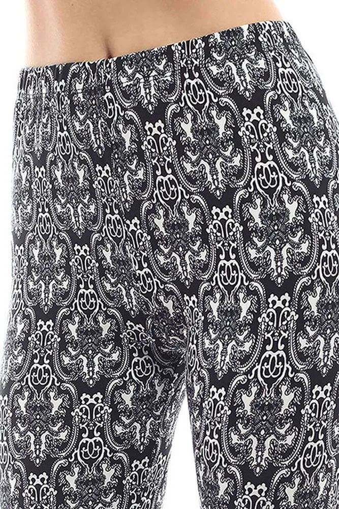 Women's Regular Brocade Pattern Print Leggings - Black White