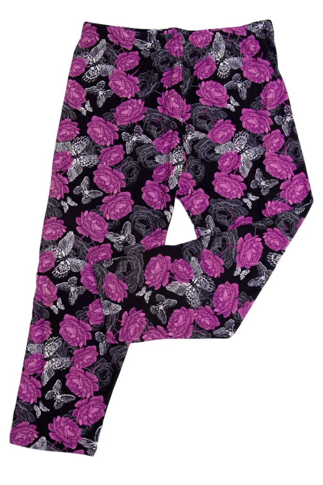 Women's Regular Purple Rose Butterfly Floral Printed Cropped Capri Leggings