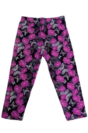 Women's Regular Purple Rose Butterfly Floral Printed Cropped Capri Leggings