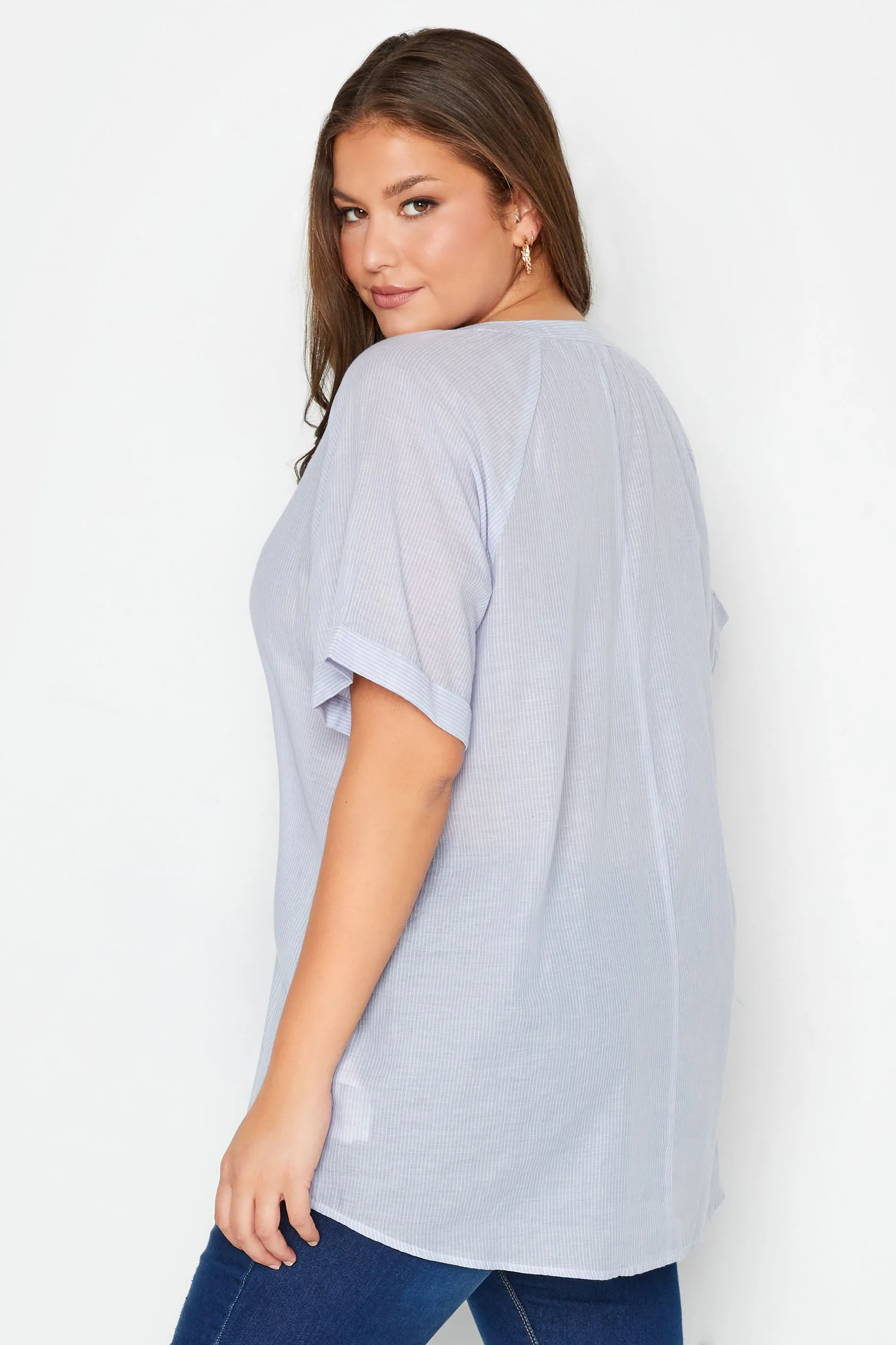 YOURS Curve Blue Striped Half Placket Raglan Blouse